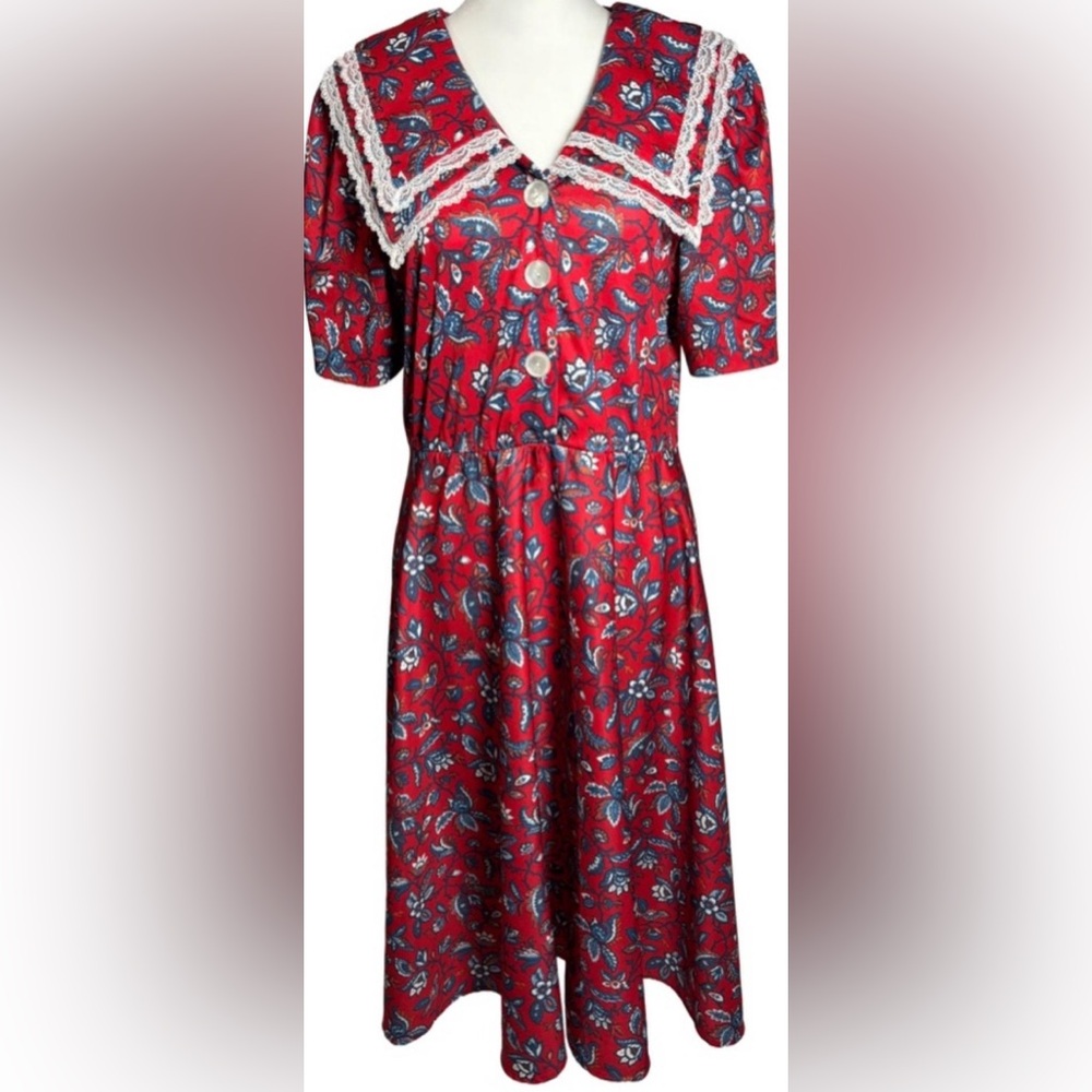 Vintage Whirlaway Frocks M Red & Blue Short Sleeved Floral Dress